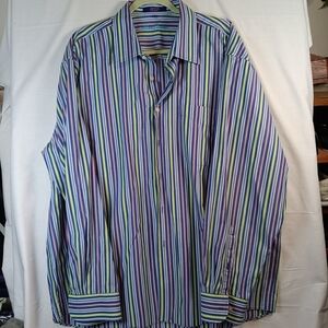 Alan Flusser Blue and Green Striped Button Down Shirt